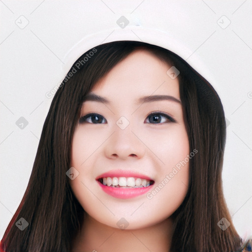 Joyful white young-adult female with long  black hair and brown eyes