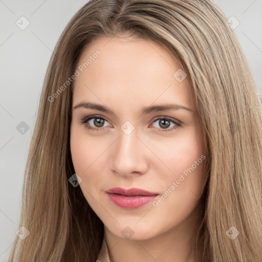 Neutral white young-adult female with long  brown hair and brown eyes