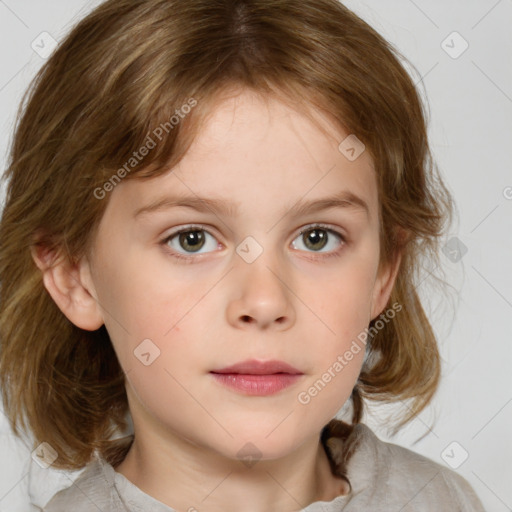 Neutral white child female with medium  brown hair and blue eyes