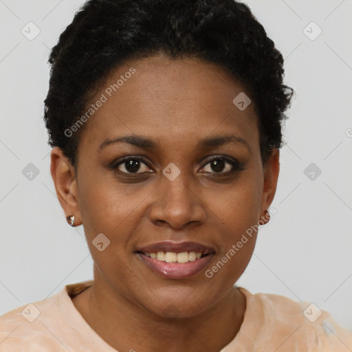 Joyful black young-adult female with short  brown hair and brown eyes