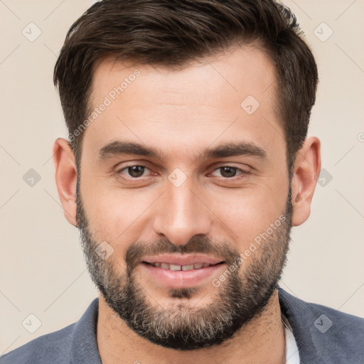 Joyful white young-adult male with short  brown hair and brown eyes