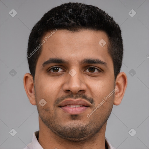 Neutral latino young-adult male with short  brown hair and brown eyes