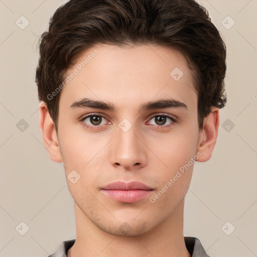 Neutral white young-adult male with short  brown hair and brown eyes