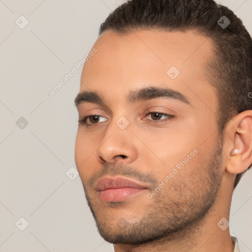 Neutral white young-adult male with short  brown hair and brown eyes