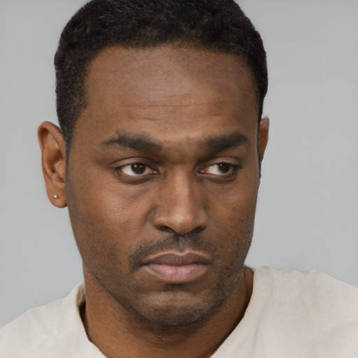 Neutral black young-adult male with short  black hair and brown eyes