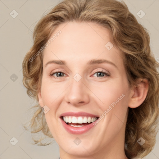 Joyful white young-adult female with medium  brown hair and green eyes