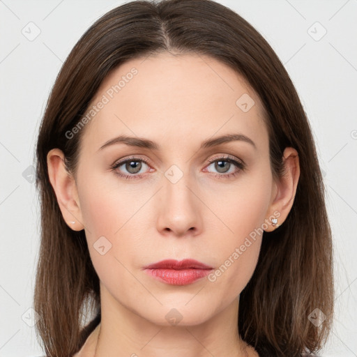 Neutral white young-adult female with long  brown hair and grey eyes