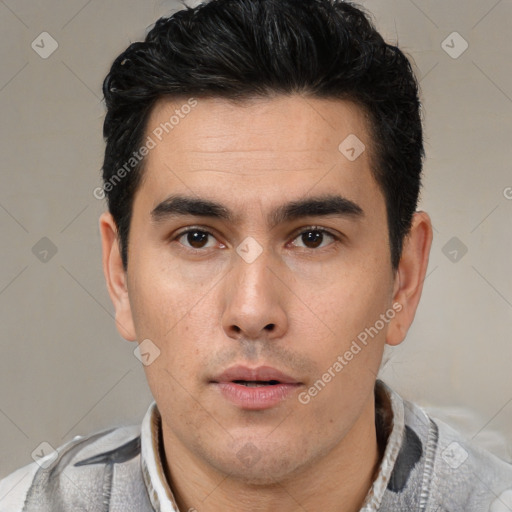 Neutral latino young-adult male with short  brown hair and brown eyes