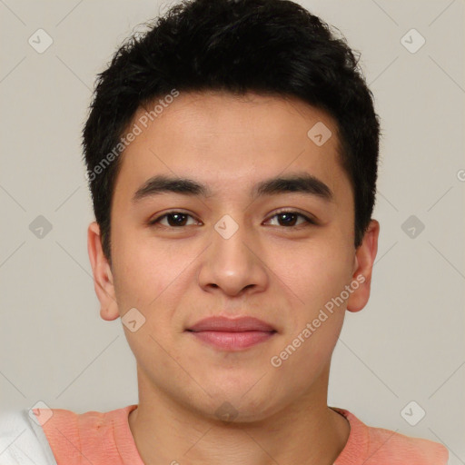 Joyful asian young-adult male with short  black hair and brown eyes
