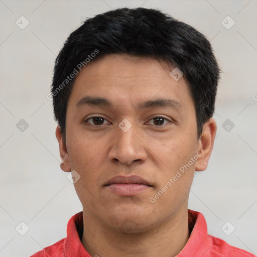 Neutral asian young-adult male with short  black hair and brown eyes