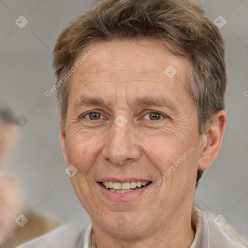 Joyful white middle-aged male with short  brown hair and brown eyes