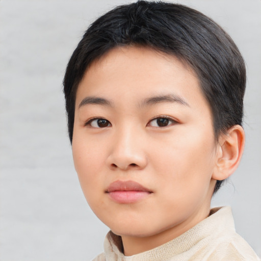 Neutral asian young-adult female with short  brown hair and brown eyes