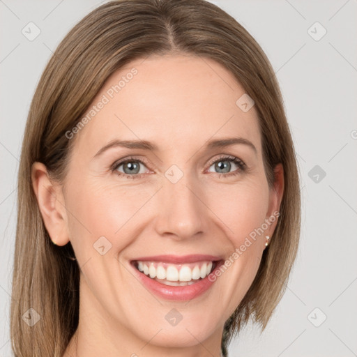 Joyful white young-adult female with medium  brown hair and grey eyes