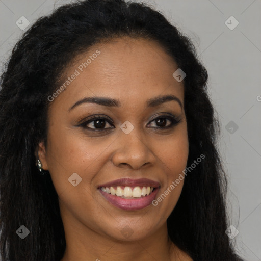 Joyful latino young-adult female with long  brown hair and brown eyes