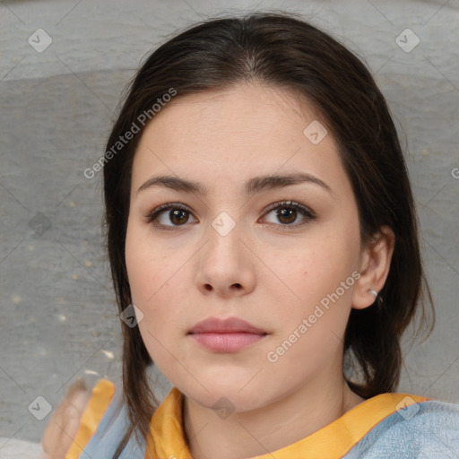 Neutral white young-adult female with medium  brown hair and brown eyes