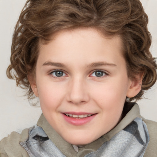 Joyful white child female with medium  brown hair and brown eyes