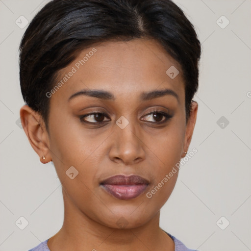 Joyful asian young-adult female with short  brown hair and brown eyes