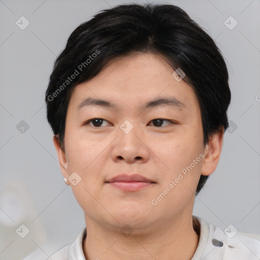 Neutral asian young-adult male with short  brown hair and brown eyes