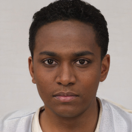 Neutral black young-adult male with short  black hair and brown eyes