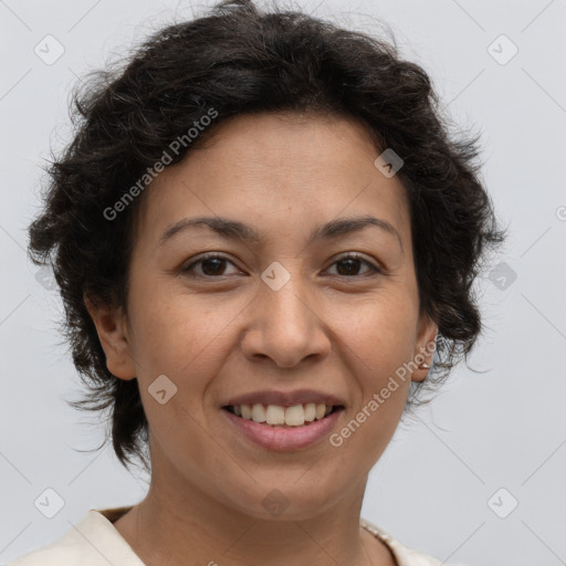 Joyful white adult female with short  brown hair and brown eyes