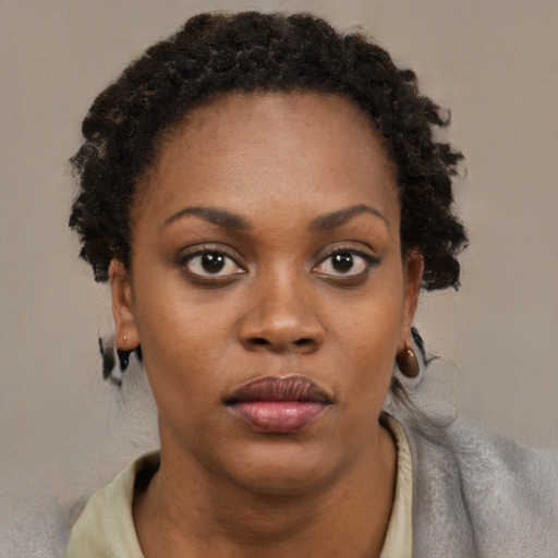 Neutral black young-adult female with short  brown hair and brown eyes