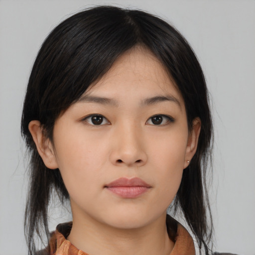 Neutral asian young-adult female with medium  black hair and brown eyes
