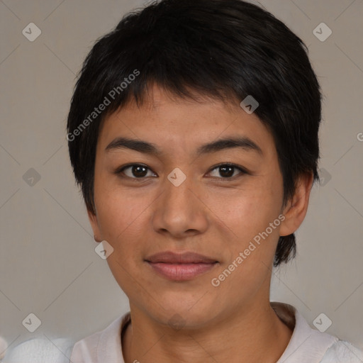 Joyful asian young-adult female with short  black hair and brown eyes