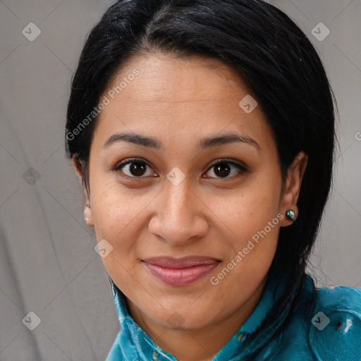 Joyful latino young-adult female with medium  brown hair and brown eyes