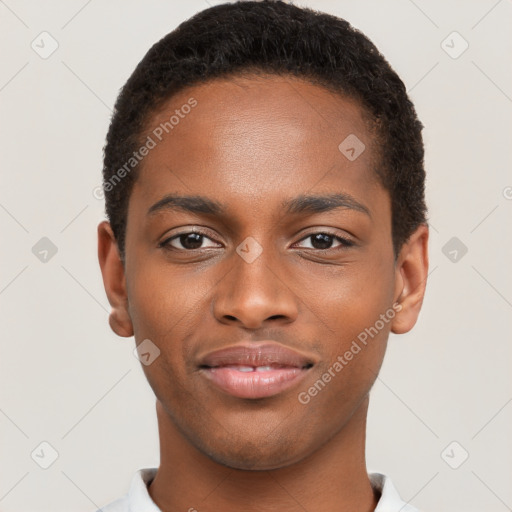 Joyful black young-adult male with short  brown hair and brown eyes