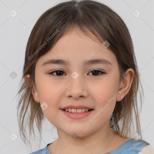 Joyful white child female with medium  brown hair and brown eyes