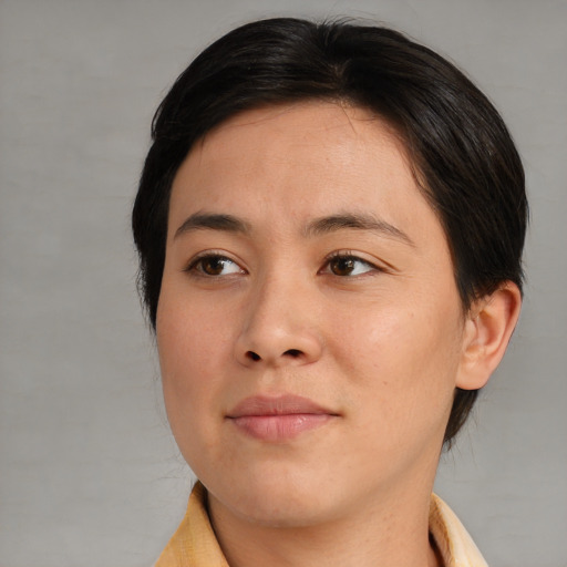 Neutral asian adult female with medium  brown hair and brown eyes