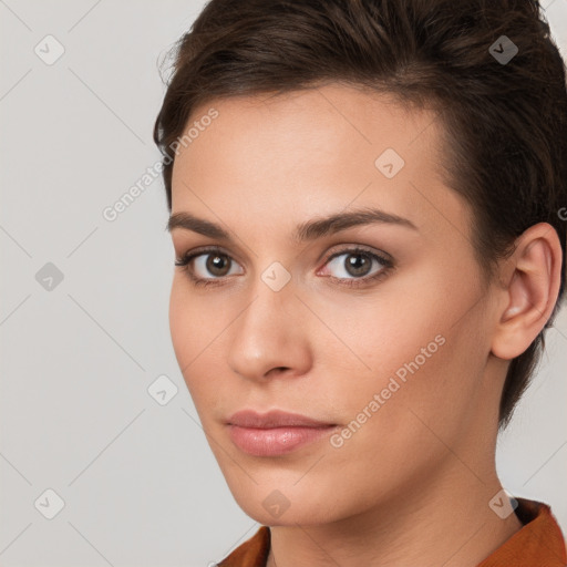 Neutral white young-adult female with short  brown hair and brown eyes