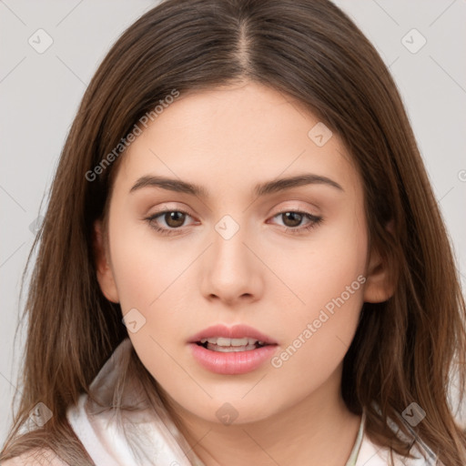 Neutral white young-adult female with medium  brown hair and brown eyes