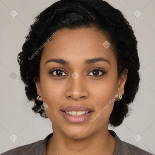 Joyful black young-adult female with medium  black hair and brown eyes