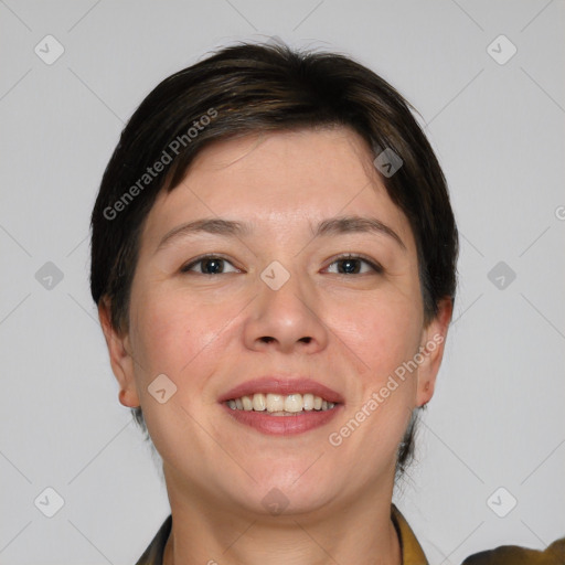 Joyful white young-adult female with short  brown hair and brown eyes