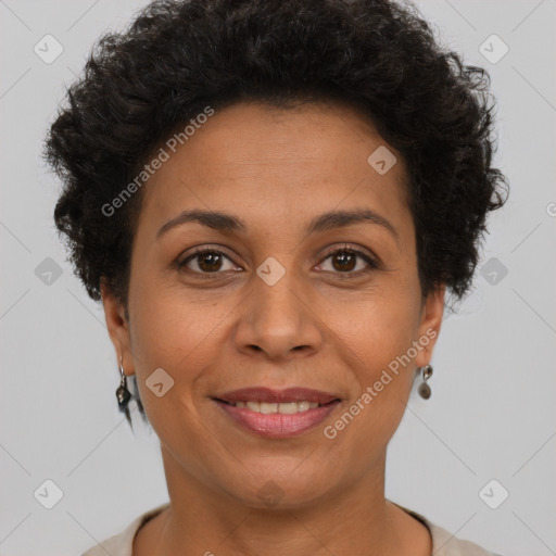 Joyful white adult female with short  brown hair and brown eyes