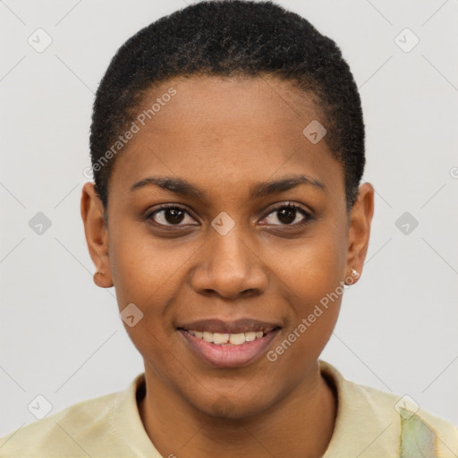 Joyful black young-adult female with short  brown hair and brown eyes