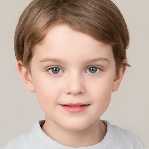 Joyful white child female with short  brown hair and brown eyes