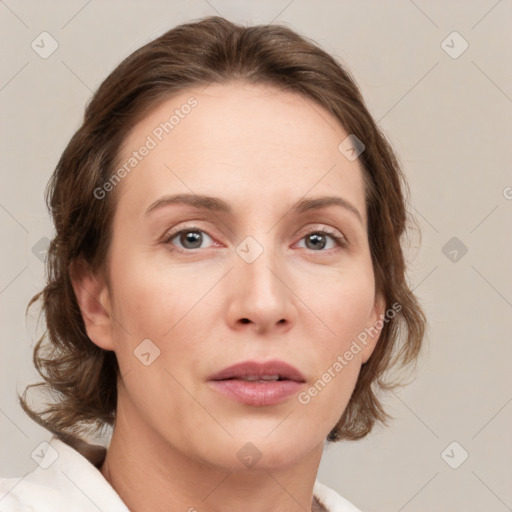 Neutral white young-adult female with medium  brown hair and grey eyes