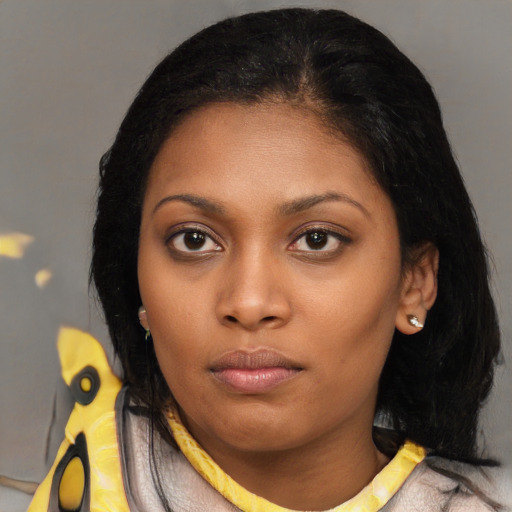 Neutral latino young-adult female with medium  black hair and brown eyes
