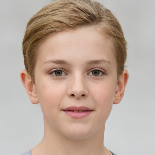 Joyful white child female with short  brown hair and grey eyes