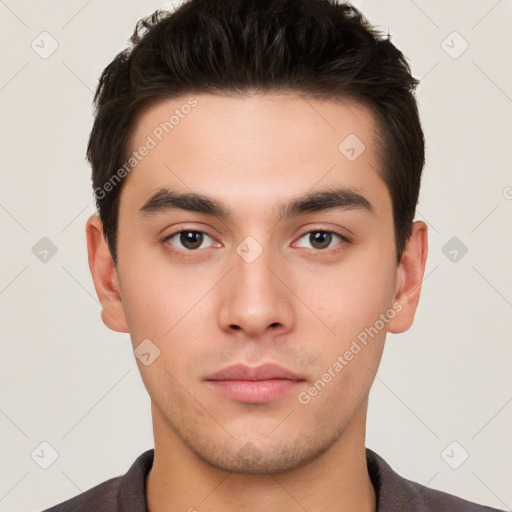 Neutral white young-adult male with short  brown hair and brown eyes