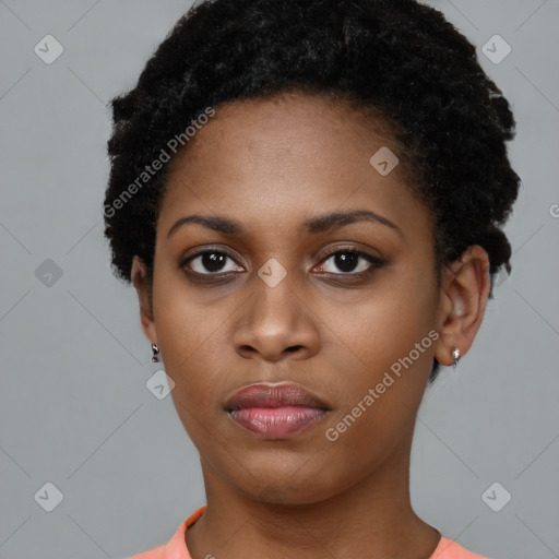 Neutral black young-adult female with short  black hair and brown eyes