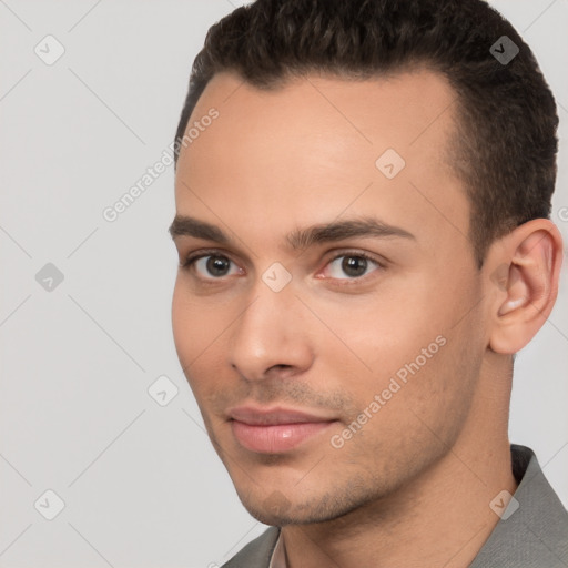 Neutral white young-adult male with short  brown hair and brown eyes