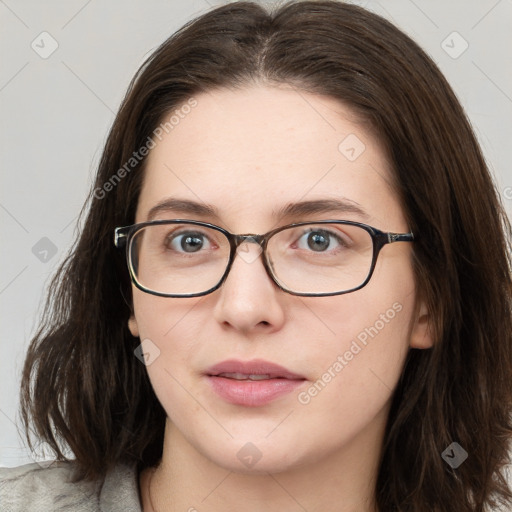 Neutral white young-adult female with medium  brown hair and grey eyes