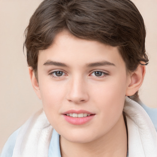 Joyful white child female with short  brown hair and brown eyes