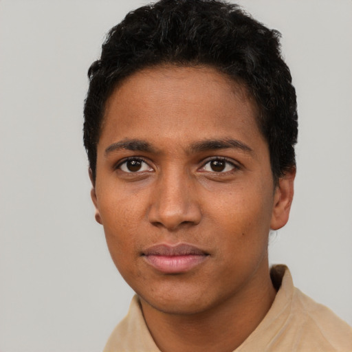 Neutral black young-adult male with short  black hair and brown eyes