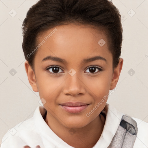 Joyful white child female with short  brown hair and brown eyes