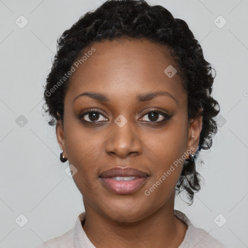 Neutral black young-adult female with short  black hair and brown eyes