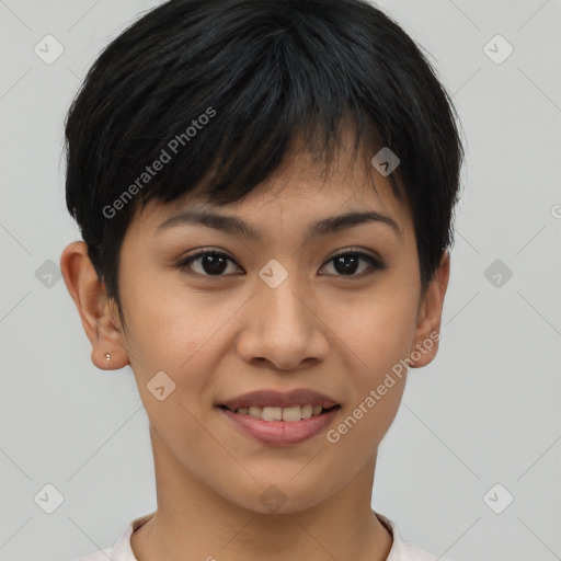 Joyful asian young-adult female with short  brown hair and brown eyes